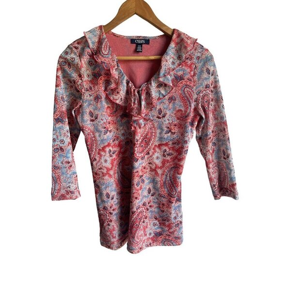 CHAPS Size Medium Flutter Ruffle 3/4 Sleeve Paisley Red Blue V-Neck Blouse Flora - Picture 1 of 6